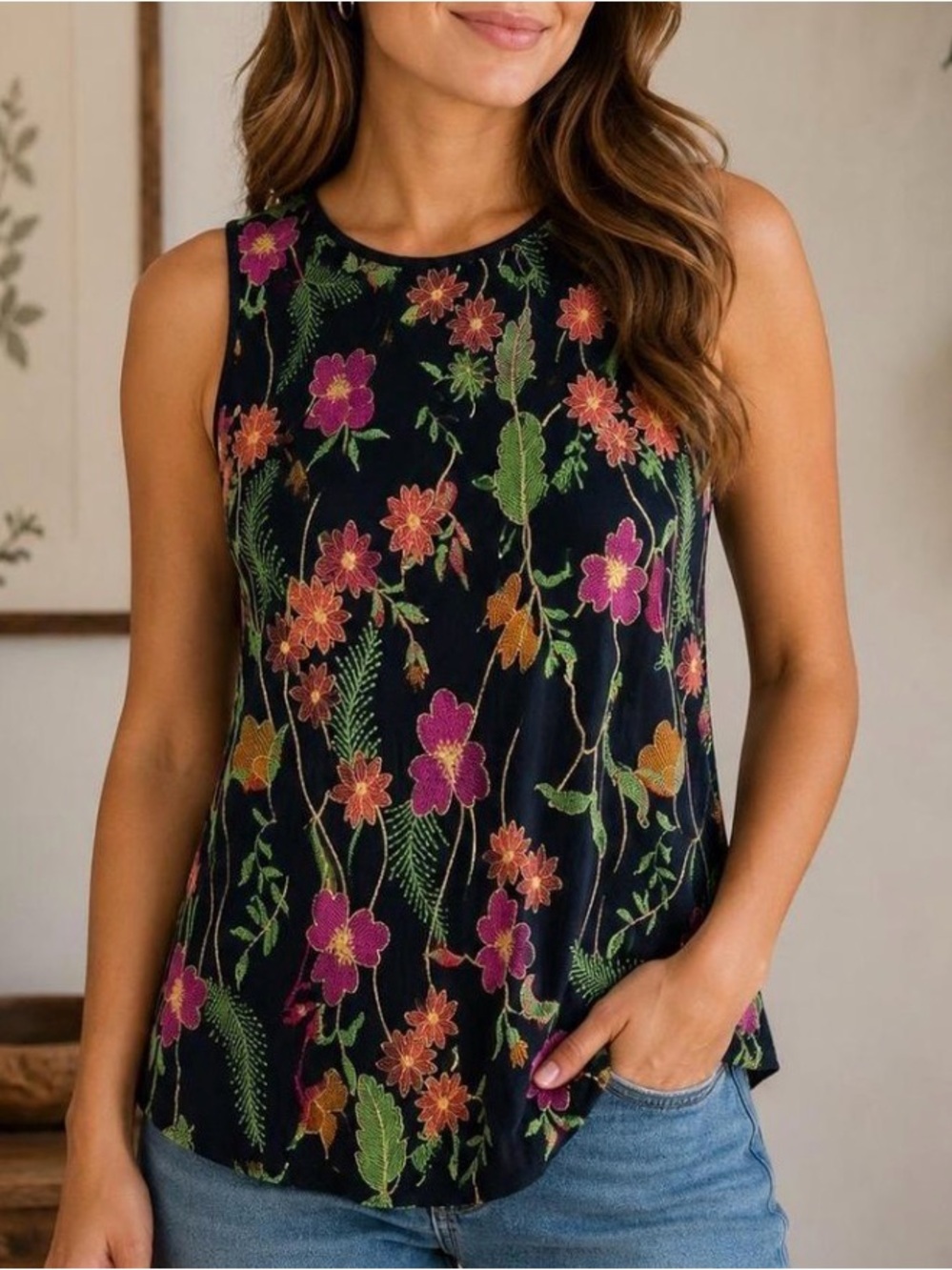 Anthropologie Meadow Rue Embroidered Floral Sleeveless Tunic Top size M